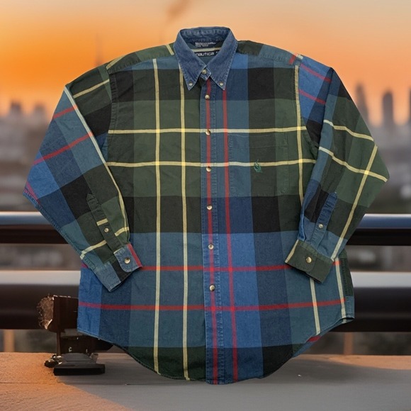Nautica Other - Vintage 90s Nautica Shirt Mens M Faded Rainbow Window Pane Denim Collared Button